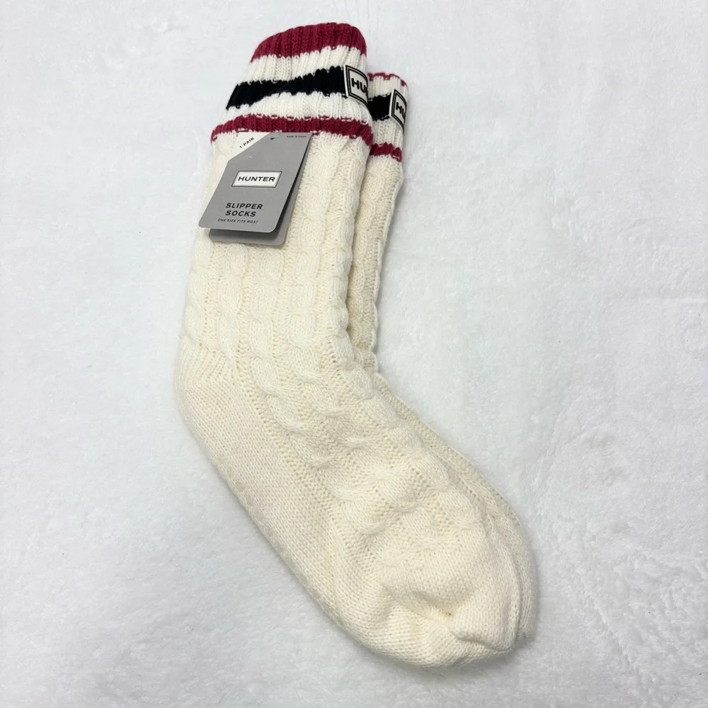 Hunter Cream Cable Knit Socks with Striped Cuff‎